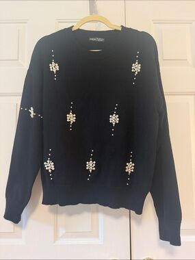 SHEIN Black Pearl Cluster Embellished Sweater